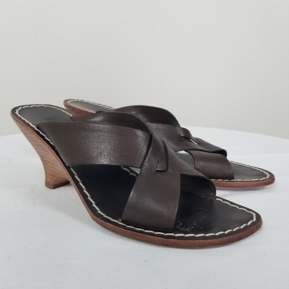 Bernardo Brown Leather Minimalist Bohemian Mid Heel Sandal Wedge Sz 8.5 (Defect) - Picture 1 of 14